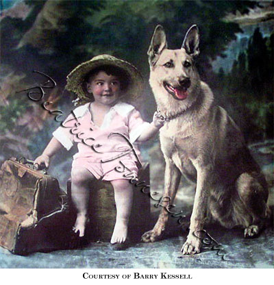 Colored print of boy and dog sitting next to battered leather valise